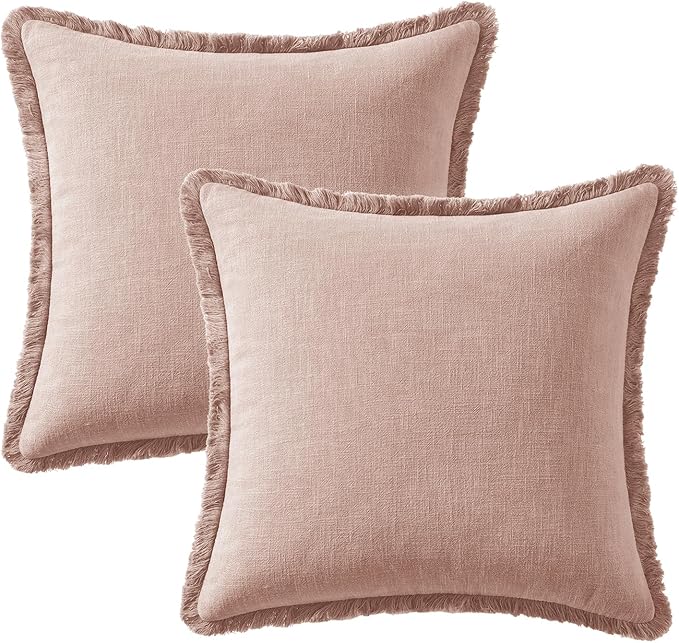 Woaboy Set of 2 Decorative Linen Fringe Throw Pillow Covers Boho Farmhouse Cushion Covers Accent Pillowcases with Tassels for Living Room Couch Sofa Bed Chair,18x18 Inch,Light Pink