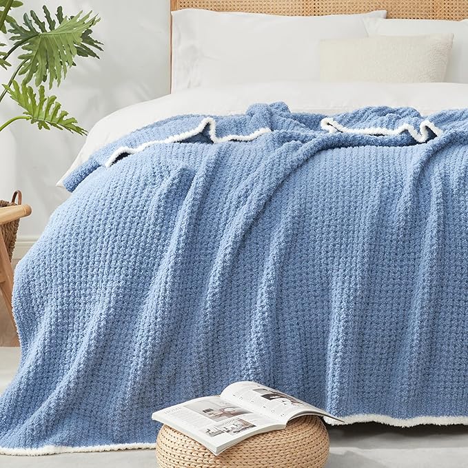 Snuggle Sac Blue Waffle Throw Blanket for Couch Bed Sofa 60x80 inches, Reversible Blue Blanket Microfiber Fluffy Fuzzy Cozy Knit Twin Blanket for Women Mothers Birthday Gifts
