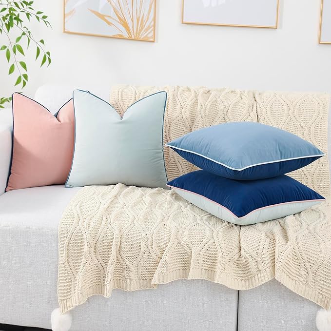 Mecatny Set of 4 Velvet Throw Pillow Covers 20x20, Soft Colorful Accent Decorative Couch Pillow Covers for Sofa Bedroom Living Room, Blue/Pink