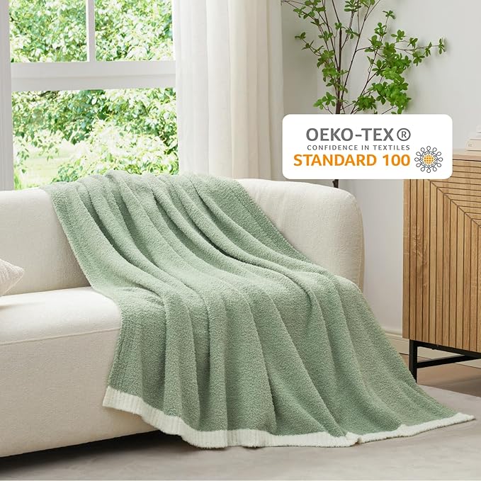 Snuggle Sac Ultra Soft Throw Blanket for Couch Bed Sofa 50x60 inches, Reversible Sage Green Blanket Microfiber Fluffy Fuzzy Cozy Knit Throws for Women Mothers Birthday Gifts