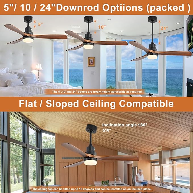 Sofucor 52 Inch Ceiling Fan with Lights and Remote, Low Profile Flush Mount Modern Wood Ceiling Fan for Indoor Bedroom Living Room Farmhouse Outdoor Patio Porch, Reversible DC Motor, Brown