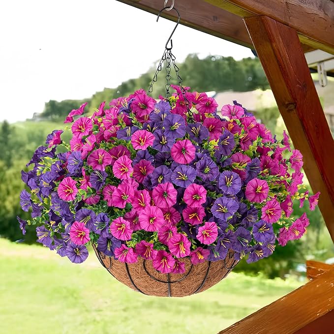 Artificial Fake Hanging Flowers Plants Baskets for Outdoor Decoration, Faux Silk Morning Glory in Planter UV Resistant Realistic for Outside Porch Patio Balcony Garden Yard Home Decor
