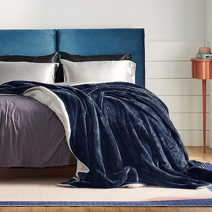Bedsure GentleSoft Sherpa Fleece Blankets Queen Size for Bed - Thick and Warm Throw for Women and Men, Soft Fuzzy Plush Queen Blanket for Winter, Navy, 90x90 Inches