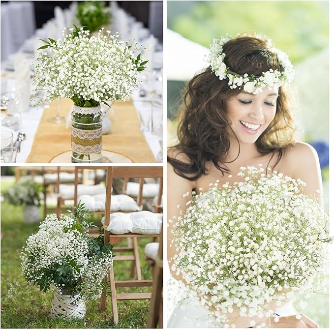 N&T NIETING Babys Breath Artificial Flowers Bulk White, 24Pcs Fake Gypsophila Bouquet Flowers Real Touch Faux Babies Breath for Wedding Centerpieces, Party Decor, Home Floral Arrangements, White