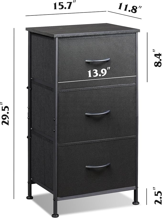 WLIVE Dresser with 3 Drawers, Fabric Nightstand, Organizer Unit, Storage Dresser for Bedroom, Hallway, Entryway, Closets, Sturdy Steel Frame, Wood Top, Easy Pull Handle, Charcoal Black