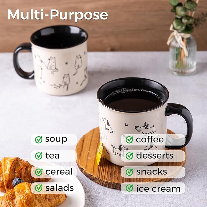 AmorArc 22 OZ Large Ceramic Coffee Mugs Set of 2, Oversized Mugs With Big Handle for Men Women Dad Mom, Big Mug With Textured Dogs Cats Patterns for Office & Home -Microwave Safe, 2 Pcs-Black