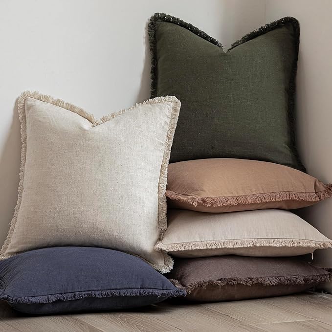 Foindtower Set of 2 Decorative Linen Fringe Throw Pillow Covers Cozy Farmhouse Cushion Cover with Tassels Accent Pillowcase for Couch Chair Sofa Bed Living Room Home Decor,24×24 Inch,Dark Olive Green