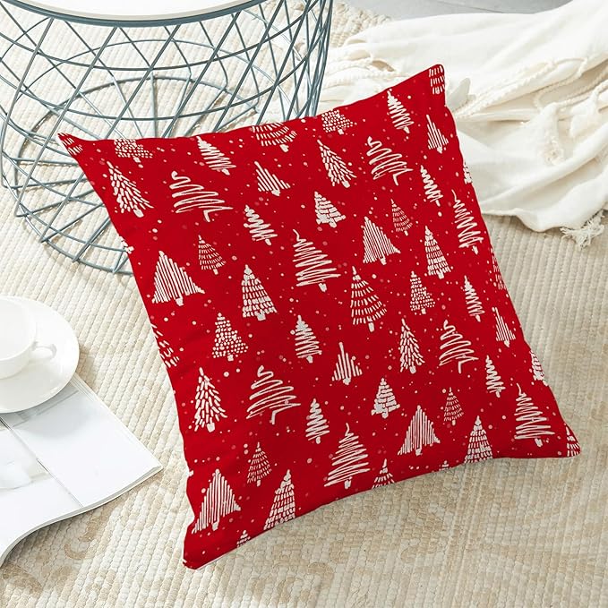Christmas Pillow Covers 18 x 18 Inch, Red Cream Christmas Tree Decor Throw Pillows for Home Couch Bed, Winter Xmas Snowflake Holiday Decorative Pillowcase Linen Cushion Cover Set of 2