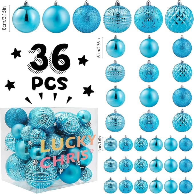 Christmas Ball Ornaments Baby Blue Christmas Tree Decorations with Hang Rope-36pcs Shatterproof Christmas Ornaments Set with 6 Styles in 3 Sizes(Small Medium Large)