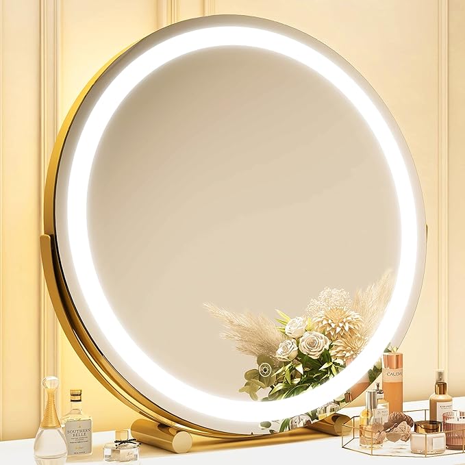 Gold Vanity Mirror, 18 Inch Lighted Makeup Mirror with Smart Touch 3 Colors Dimmable, Tabletop, 360 Rotation