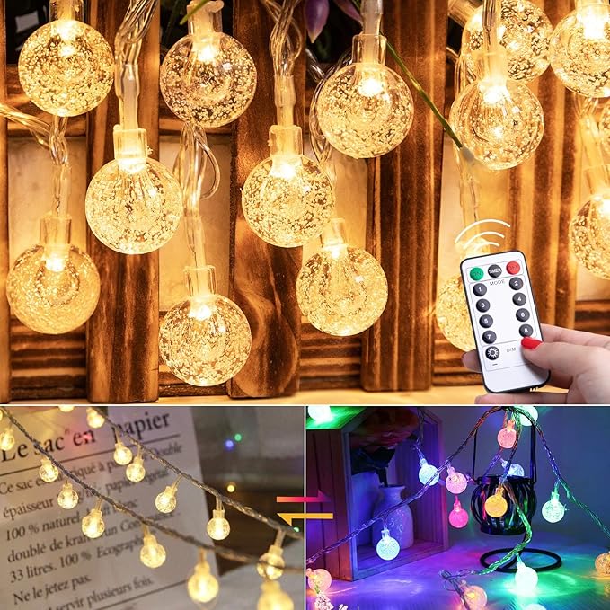 Minetom Globe String Lights Plug in - 33 ft 100 LED USB Crystal Globe Fairy Lights with Remote and Timer, Waterproof for Bedroom Tent Porch Patio Party Garden Indoor, Warm White and Multicolor