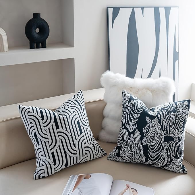 Premium Throw Pillow Covers 22x22 Inches - Art Arcmono Simply Wave Chenille Jacquard Embroidery Decorative Couch Pillow Covers for Living Room Bedroom Sofa Home Décor