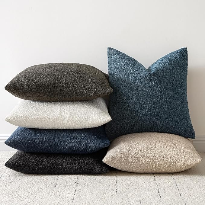 Woaboy Pack of 2 18x18 Inch Decorative Boucle Throw Pillow Covers Textured Square Pillowcaes Accent Solid Cozy Soft Cushion Covers Home Decor for Sofa Couch Living Room Home Decor,Black