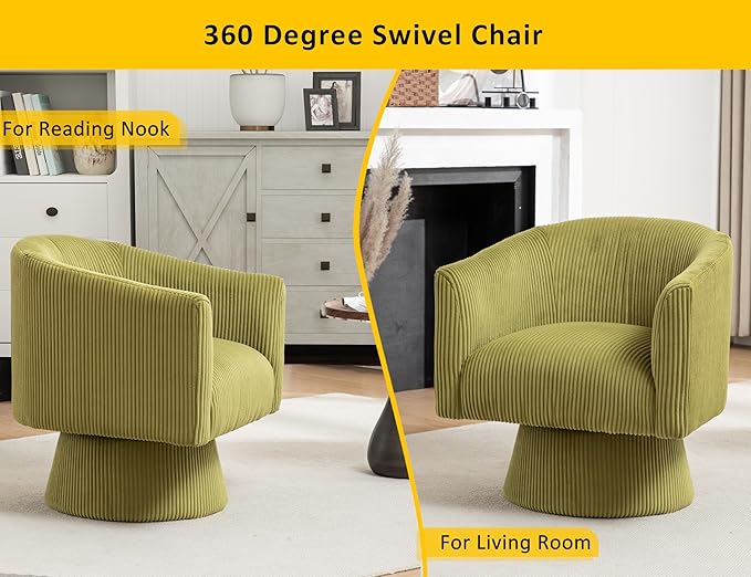 Swivel Accent Chair, Modern 360° Barrel Chair, Corduroy Upholstered Single Sofa for Living Room, Bedroom(Green)