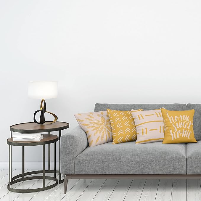 Ambesonne Modern Throw Pillow Cushion Case Pack of 4, Scandinavian Minimal Ornaments Boho Feather Leaves and Home Phrase, Modern Accent Double-Sided Digital Printing, 24", Pale Tan and Earth Yellow