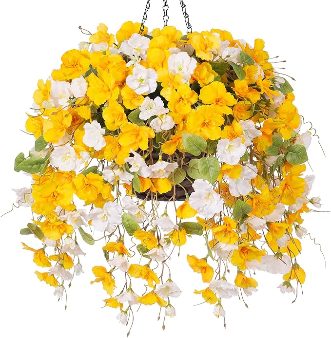 Artificial Fake Fall Hanging Flower Plants Basket for Outdoors Decoration, Faux Silk Hibiscus Long Vines in Planter UV Resistant Realistic Flowers for Outside Patio Porch Home Decor (YellowWhite)