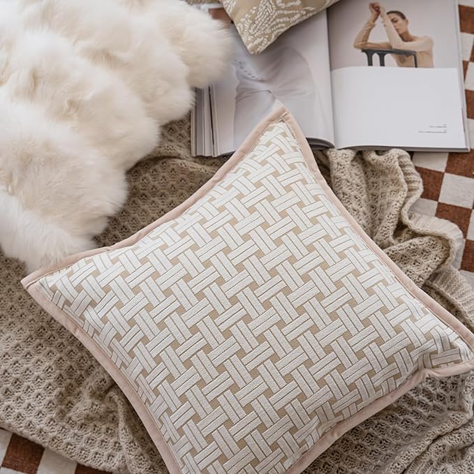 Premium Throw Pillow Covers 22x22 Inches - Framed Oatmeal Woven Whisper Grid Chenille Jacquard Embroidery Decorative Couch Pillow Covers for Living Room Bedroom Sofa
