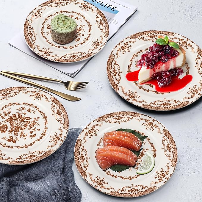Dinner Plates Set of 6, Ceramic Kitchen Plates Microwave Safe Plates, 10.5 Inch Porcelain Dinner Plates Floral, Brown