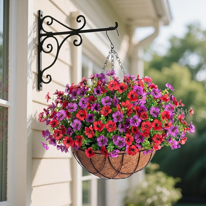 Artificial Silk Flowers Hanging Basket for Outdoor Indoor, Daisy with Eucalyptus Leaves Arrangement for Garden Yard Spring Summer Decor, Faux Green Plant in Metal Coconut Lining Pot(Red Purple)