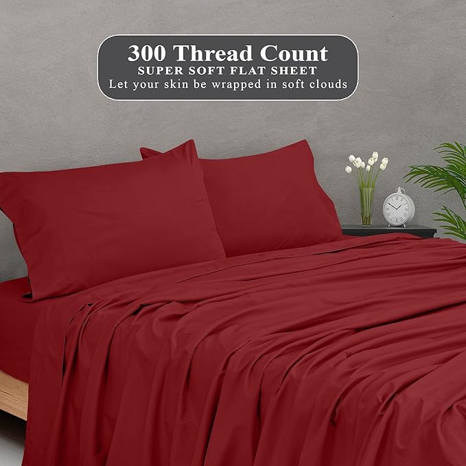 Royale Linens 300 Thread Count 100% Long Staple Combed Cotton Flat Sheet - Super Soft - Top Sheets - California King Flat Sheet Sold Separately - Breathable, Cool & Crisp Sheets Only (Cal King, Red)