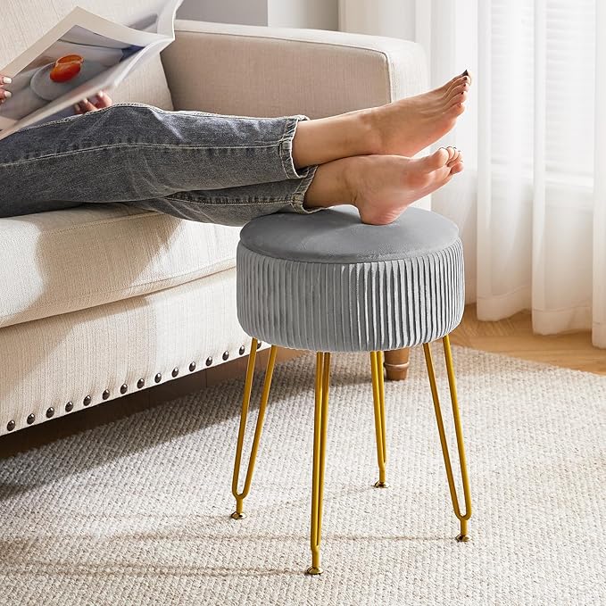 IBUYKE Velvet Storage Footrest Stool Ottoman, Makeup Vanity Stool Side Table with Golden Steel Legs Removable Cover, Coffee Table Top Cover, Grey LG-20G