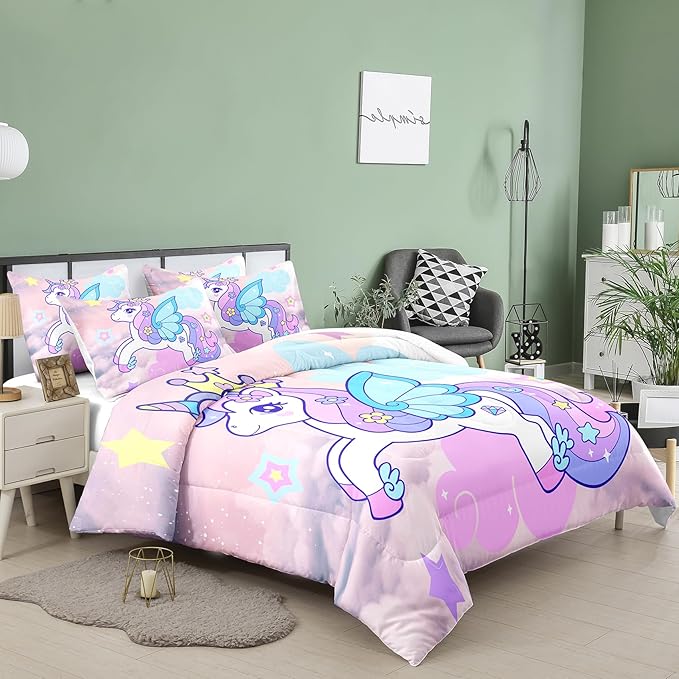 Tailor Shop Unicorn Girls Comforter Sets Full Size,Unicorn Purple Bedding Sets for Girls Kids Teens with 2 Pillowcase