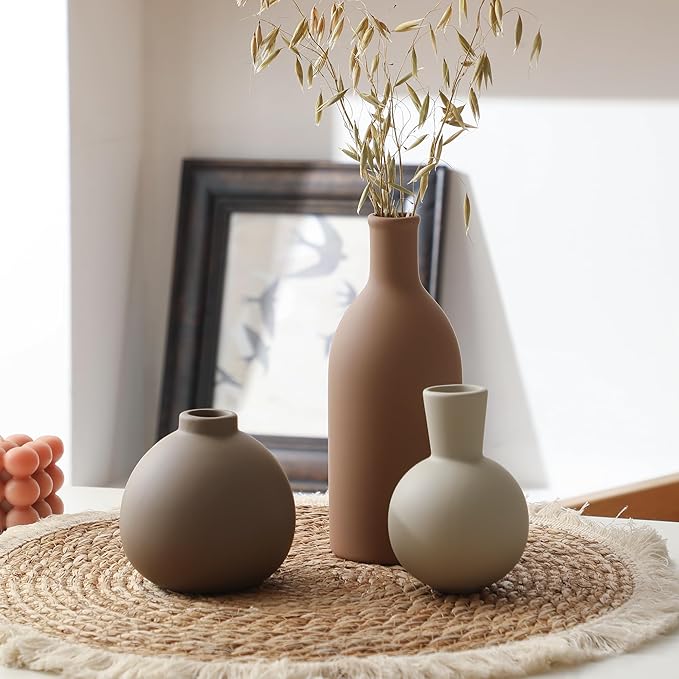 Ceramic Vase Set of 3, Vases Home Decor Rustic Farmhouse Decorative Vase Pottery Vases for Bouquet Pampas Grass Dried Fresh Flowers, Table Living Room Kitchen Bedroom Bathroom - Brown