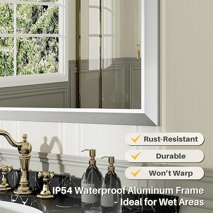 60x36 Inch Brushed Nickel Bathroom Mirror for Wall, Thick Metal Framed Rectangle Mirrors for Over Sink, Bedroom, Living Room, Entryway, Anti-Rust, HD Tempered Glass