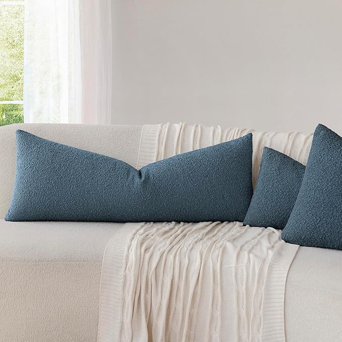 Foindtower Decorative Textured Boucle Throw Pillow Covers Accent Solid Pillow Cases Neutral Long Body Lumbar Couch Cushion Case for Chair Sofa Bedroom Living Room Home Decor 14x36 Inch,1PC,Blue
