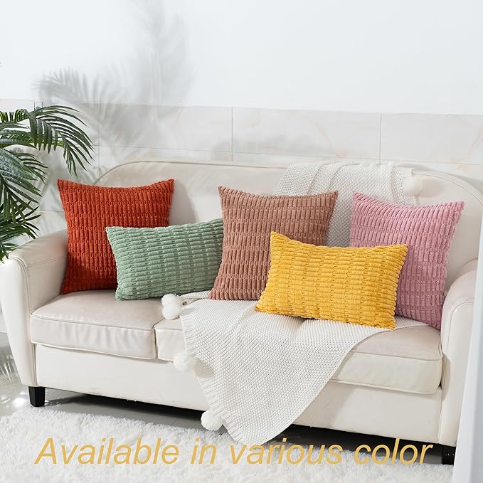 Mustard Yellow Corduroy Decorative Throw Pillow Covers 20x20 Inch Set of 2 Soft Striped Boho Couch Pillow Covers Spring Modern Farmhouse Home Decor for Sofa Neutral Living Room Bed