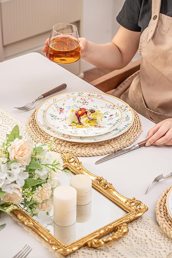 Bone China Plates and Bowels,12-Pieces Dinnerware Sets, Highly Chip and Crack Resistant, Dishwasher & Microwave Safe Dishes Set, Dense and Translucence