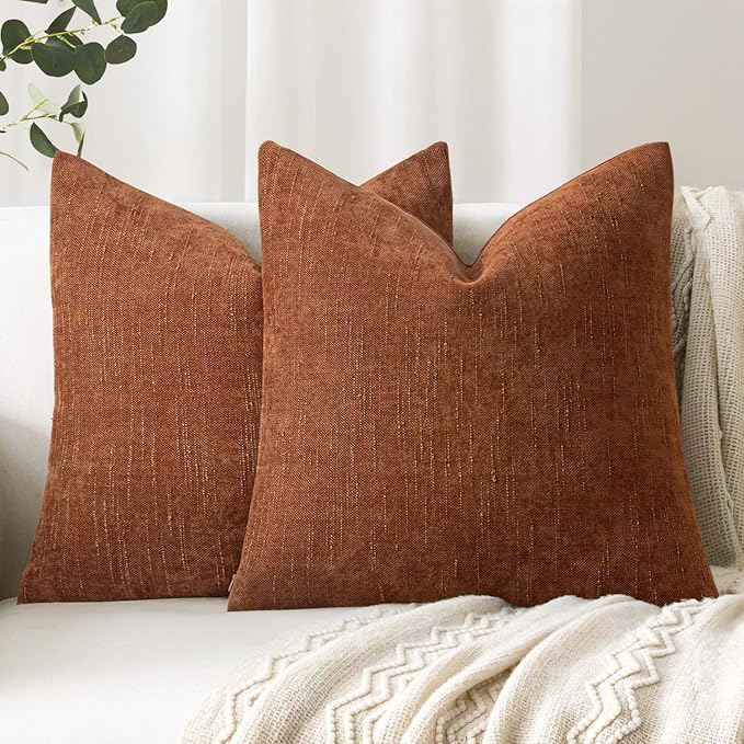 Woaboy Set of 2 Textured Throw Pillow Covers Decorative Soft Accent Chenille Fall Pillowcases Neutral Farmhouse Cushions Modern Home Decor for Couch Sofa Bedroom Living Room 22x22 Inch,Brown Rust