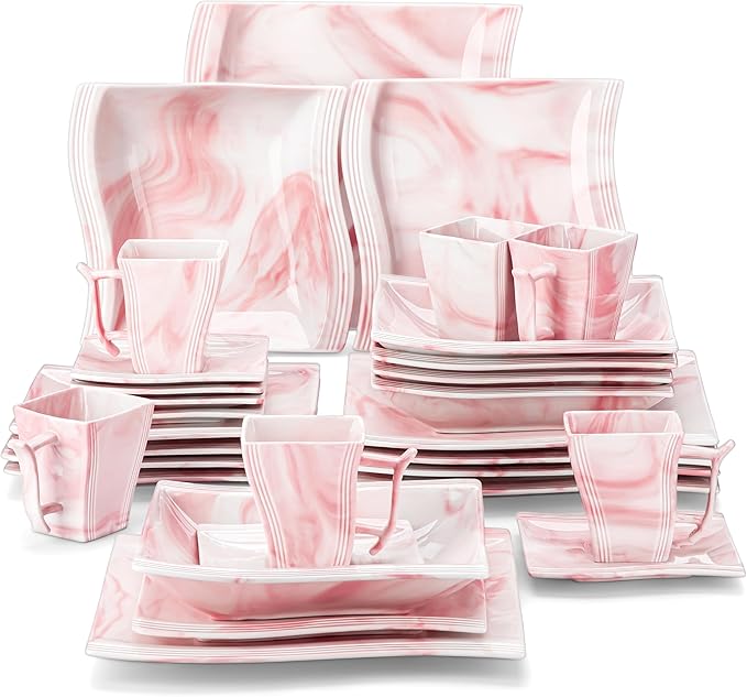MALACASA Dinnerware Sets, 30-Piece Pink Plates and Bowls Sets for 6, Porcelain Dinnerware Set with Plates and Bowls, Cups and Sacuers, Square Dish Set, Modern Dining Ware Set, Series Flora
