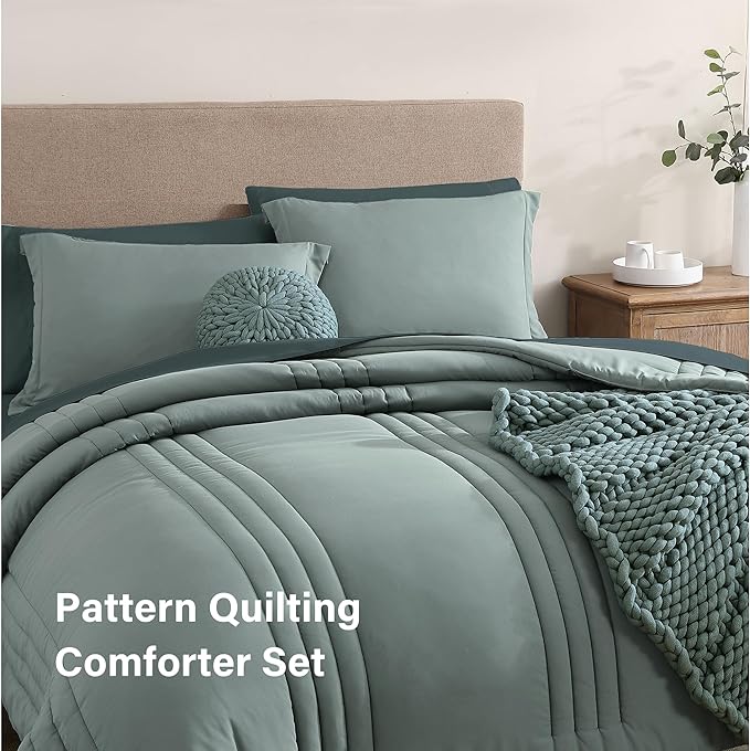 Monbix Queen Comforter Set - 7 Pieces Sage Green Bed in a Bag Queen Bedding Sets with Comforters, All Seasons Comforter Bed Set with Sheets,Pillowcases & Shams