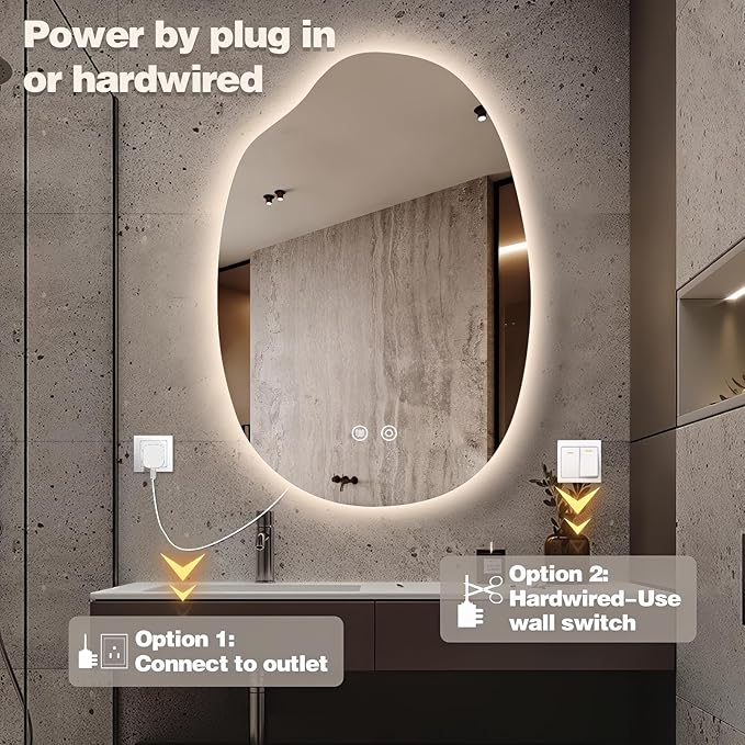 42"x28" Asymmetrical Led Mirror for Bathroom, Irregular Backlit Vanity Mirror with Lights, Frameless Smart Mirror, 3 Colors Stepless Dimmable, Anti-Fog, Memory, CRI95+, Horizontal/Vertical
