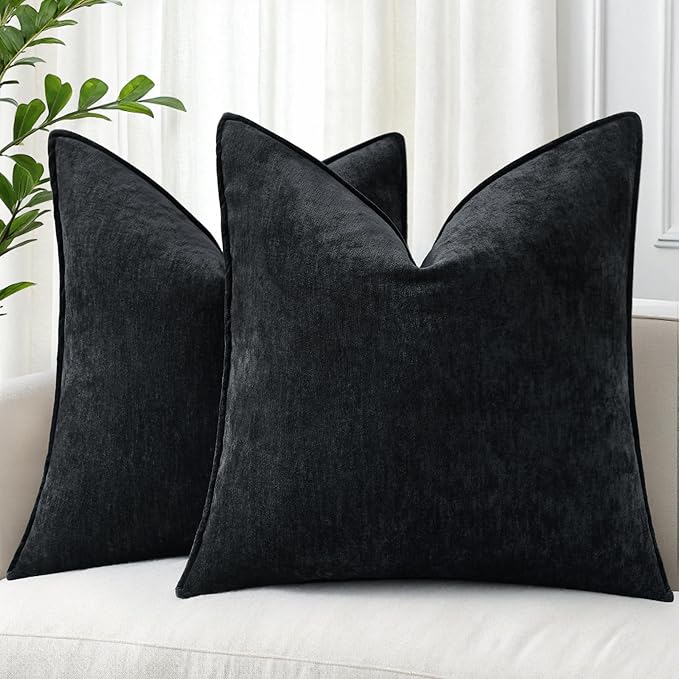 decorUhome Couch Throw Pillow Covers 22x22 Set of 2, Decorative Soft Euro Neutral Chenille Pillow Covers with Elegant Design for Sofa Bed Living Room Home Decor, Black