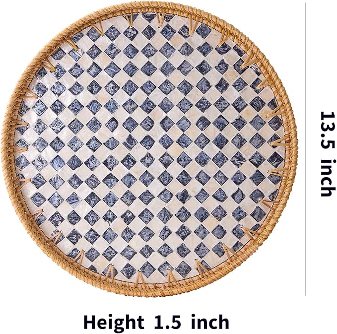 Round Rattan Tray with Mother of Pearl Inlay, Rattan Serving Tray with Wooden Base, Decorative Wicker Basket for Table Decor, Storage and Display of Coffee Bread Food Fruit (Checkerboard 13.5")