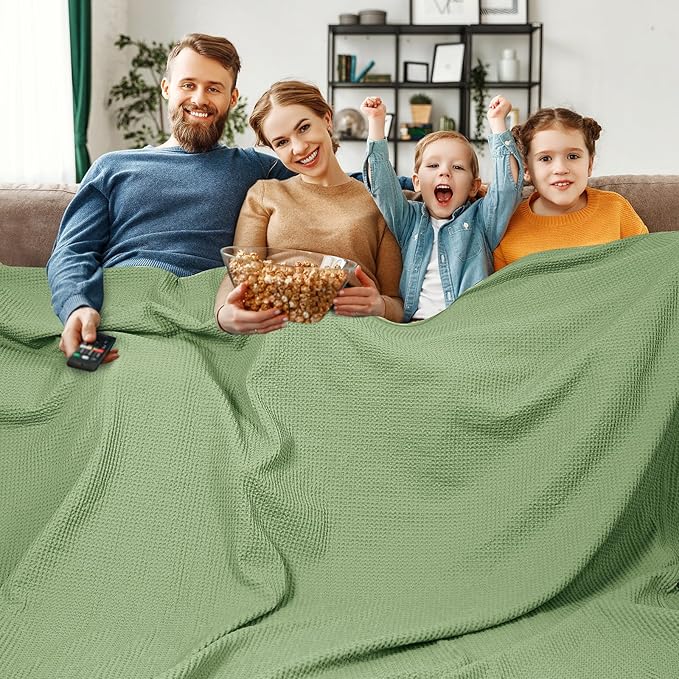 PHF Pre-Washed Cotton Waffle Weave Family Blanket,Oversized King Size 120"x 120"-Snag Proof Lightweight Breathable, 10'x 10' Huge Extra Large Big-Elegant Aesthetic Home Decoration Gift,Loden Green