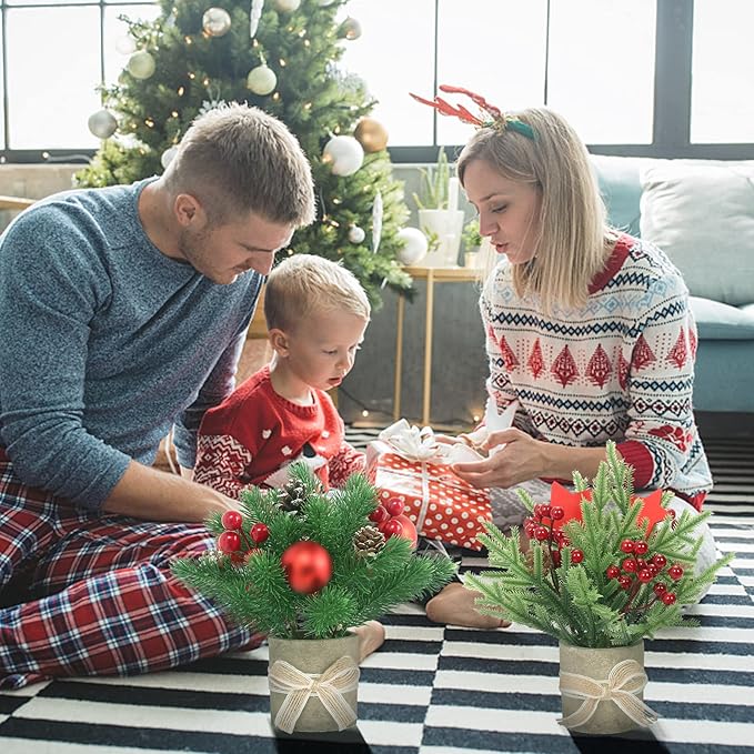 2PCS Small Christmas Tree,Tabletop Mini Xmas Tree,9" Artificial Little Potted for Christmas Decor,Suitable for Weddings, Holidays, Christmas and Other Festivals.(Star/Ball)