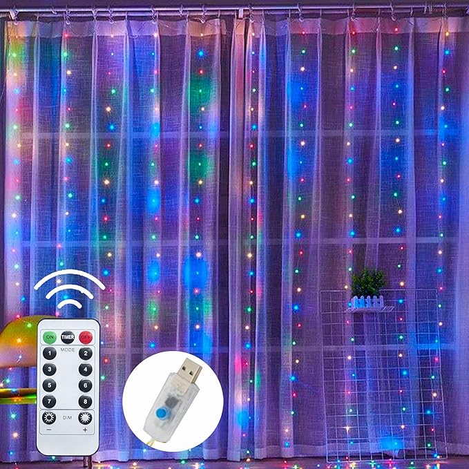 Dazzle Bright Window Curtain String Lights, 300 LED 9.8ft x 9.8ft Multicolor Fairy Lights with 8 Lighting Modes, Waterproof Lights for Bedroom Party Wedding Home Garden Wall Decor