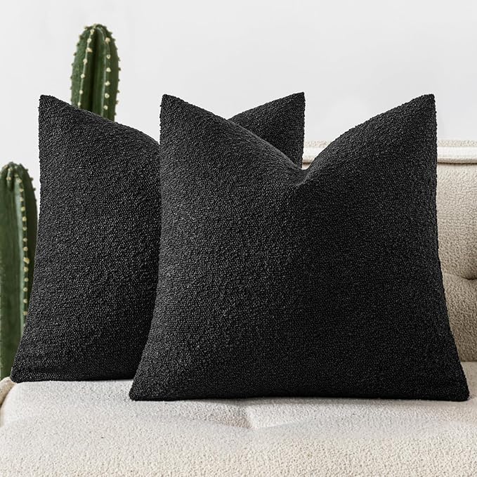 Woaboy Pack of 2 18x18 Inch Decorative Boucle Throw Pillow Covers Textured Square Pillowcaes Accent Solid Cozy Soft Cushion Covers Home Decor for Sofa Couch Living Room Home Decor,Black