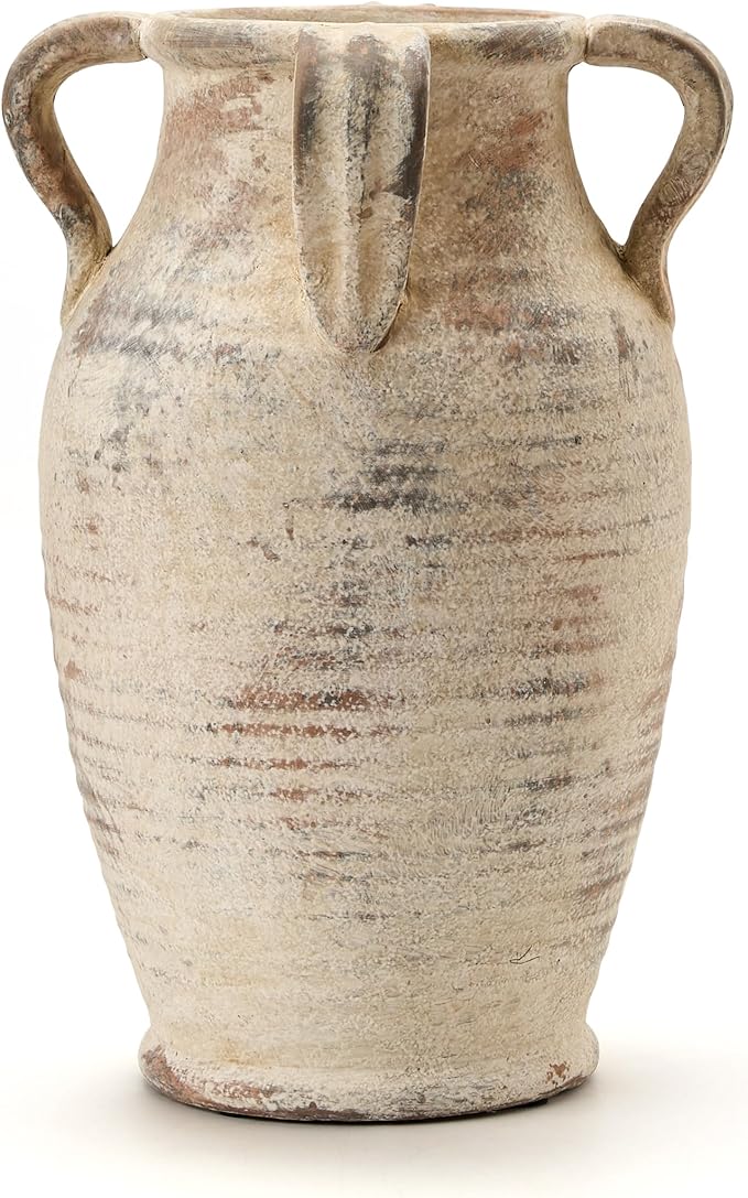 Handmade Ceramic Vase with 4 Handles, 10.83" Tall Farmhouse Rustic Terracotta Flower Vase, Vintage Vases for Home Decor, Wedding, Living Room, Table, Shelf Decor, Neutral
