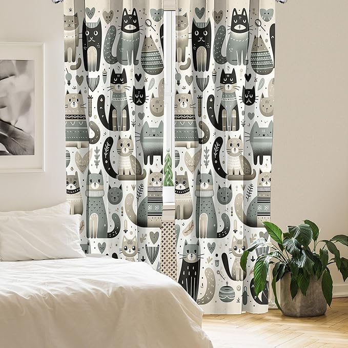 Ambesonne Cats Window Curtains Pack of 2, Modern Scandinavian Inspired Innocent Kitten Pattern with Leafy Details, Lightweight Set with Rod Pocket, 4 Panels of - 28" x 95", Pale Teal Pale Khaki Grey