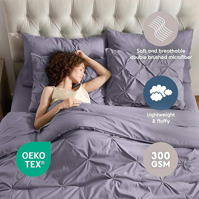 Nestl Queen Comforter Set - 7 Piece Pinch Pleated Comforter Queen Size Grayish Purple, All Season Bed in a Bag with Flat Sheet, Fitted Sheet, Pillowcases and Shams
