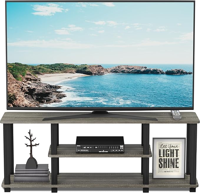 Furinno Turn-N-Tube No Tools 3D 3-Tier Entertainment TV Stand up to 50 inch TV, Square Tubes, French Oak Grey/Black