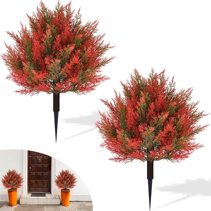 2pack 23Inch Realistic Artificial Autumn Plant Balls Simulation Cedar Trees, UV Resistant Artificial Fall Fake Bushes for Outdoor Garden Porch Farmhouse Kitchen Office Potted Plant Decoration