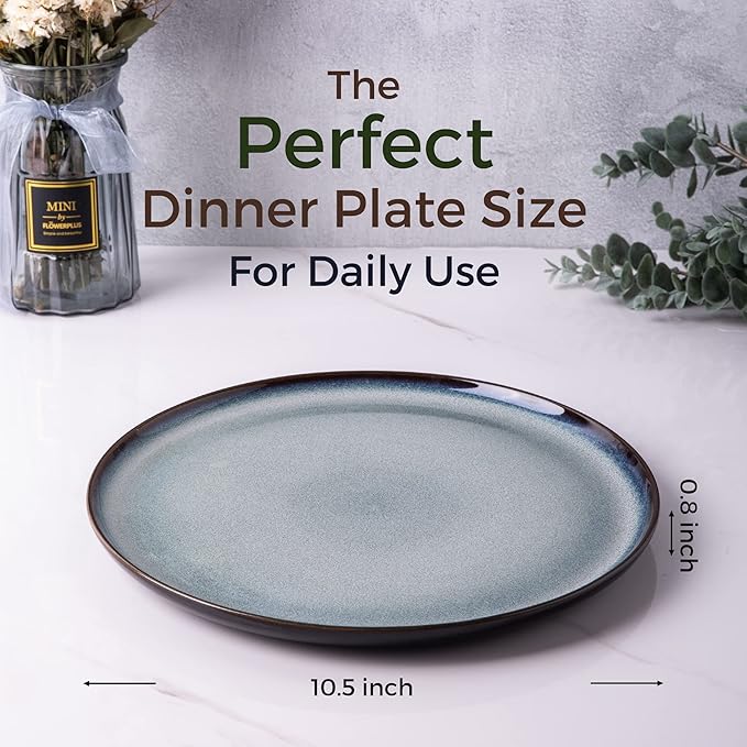 LERATIO Ceramic Dinner Plates Set of 6, 10.5 Inch Reactive Glaze Porcelain Plates, Modern Shape Dinnerware Dishes Set for Kitchen,Microwave&Dishwasher&Oven Safe, Scratch Resistant-Gray Blue