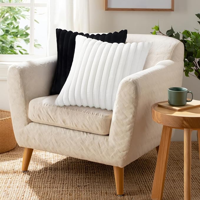 Pallene Faux Fur Plush Throw Pillow Covers 24x24 Set of 2, Luxury Soft Fluffy Striped Decorative Pillow Covers for Sofa, Couch, Living Room, White