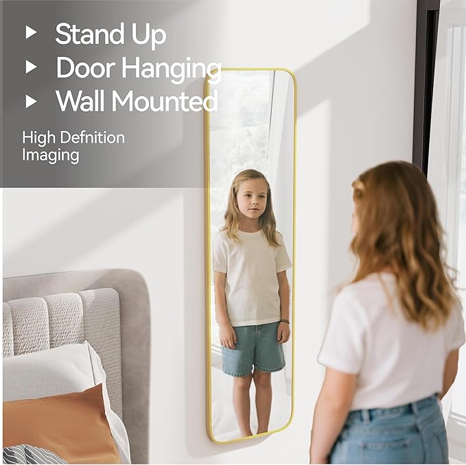 47x14 Mirror Rectangle Full Body Length Door Hanging Wall Mounted Aluminum Alloy Metal Frame Dressing Make-up Mirrors for Entryway Bedroom Bathroom Living Room 47 14 inch Gold