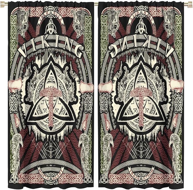 Viking Curtains Nordic Mythology Rune Weapon Antique Viking Pirate Crow Art Pattern Printed Curtains Bedroom Living Room Decoration Blackout Curtains W42 * L45 Inch